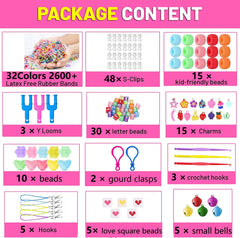 CYCFMYYLY 2600and Rubber Band Kit, DIY Rubber Bands 32 Colors Rubber Bands for Refill Making Kits Accessories with Bead S-Clips Making Set for Kids Christmas Gifts Birthday Party