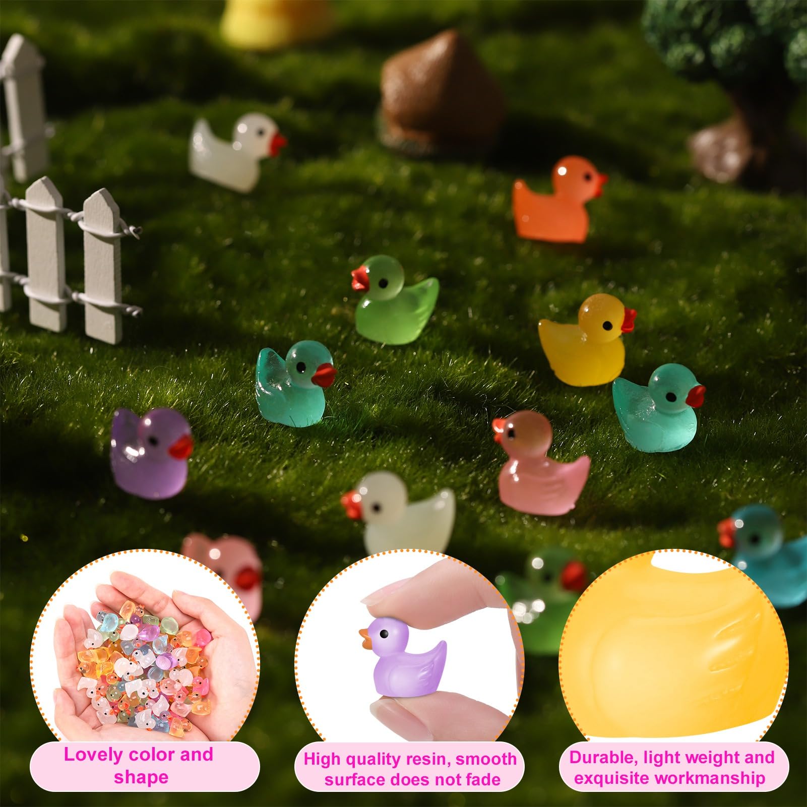 FRIUSATE 100 Pack Mini Ducks, Tiny Little Ducks Mini Resin Ducks Luminous Small Ducks Miniature Ducks for Fairy Garden Aquarium Landscape Dollhouse Ornament Diy Craft