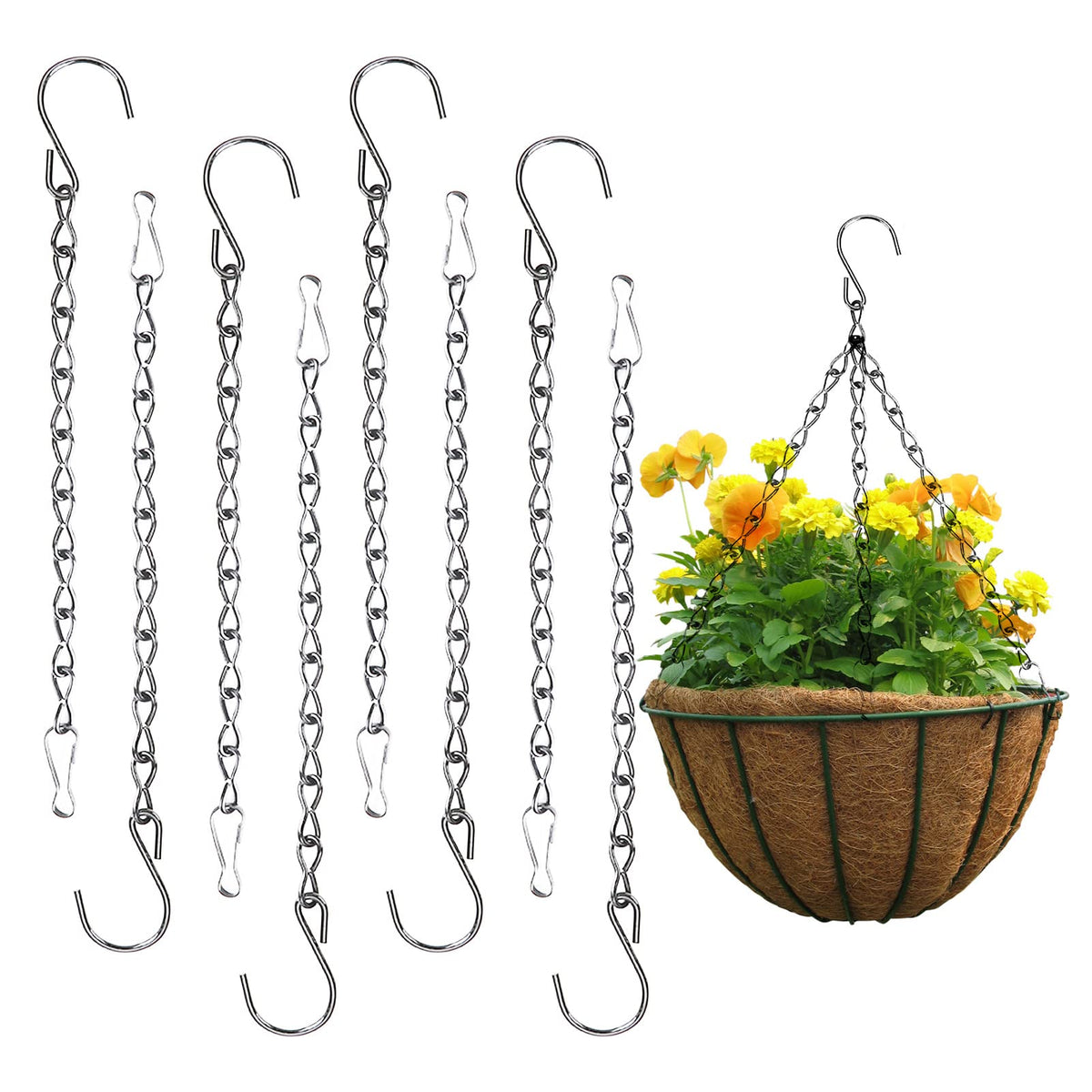 8 PCS Hanging Tray Set   Silver Sturdy Metal Mesh Hang Chains Kit S-Shaped Hook for Home Outdoor Wild Bird Table Seed Feeding Planters Lanterns Decorations