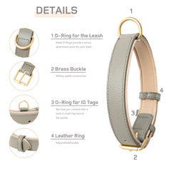 HEELE Soft Leather Dog Collar Breathable Padded with D Ring, New Pad Colour, Adjustable Classic Dog Pet Collar for Small Medium Large Dogs, New Grey, XS