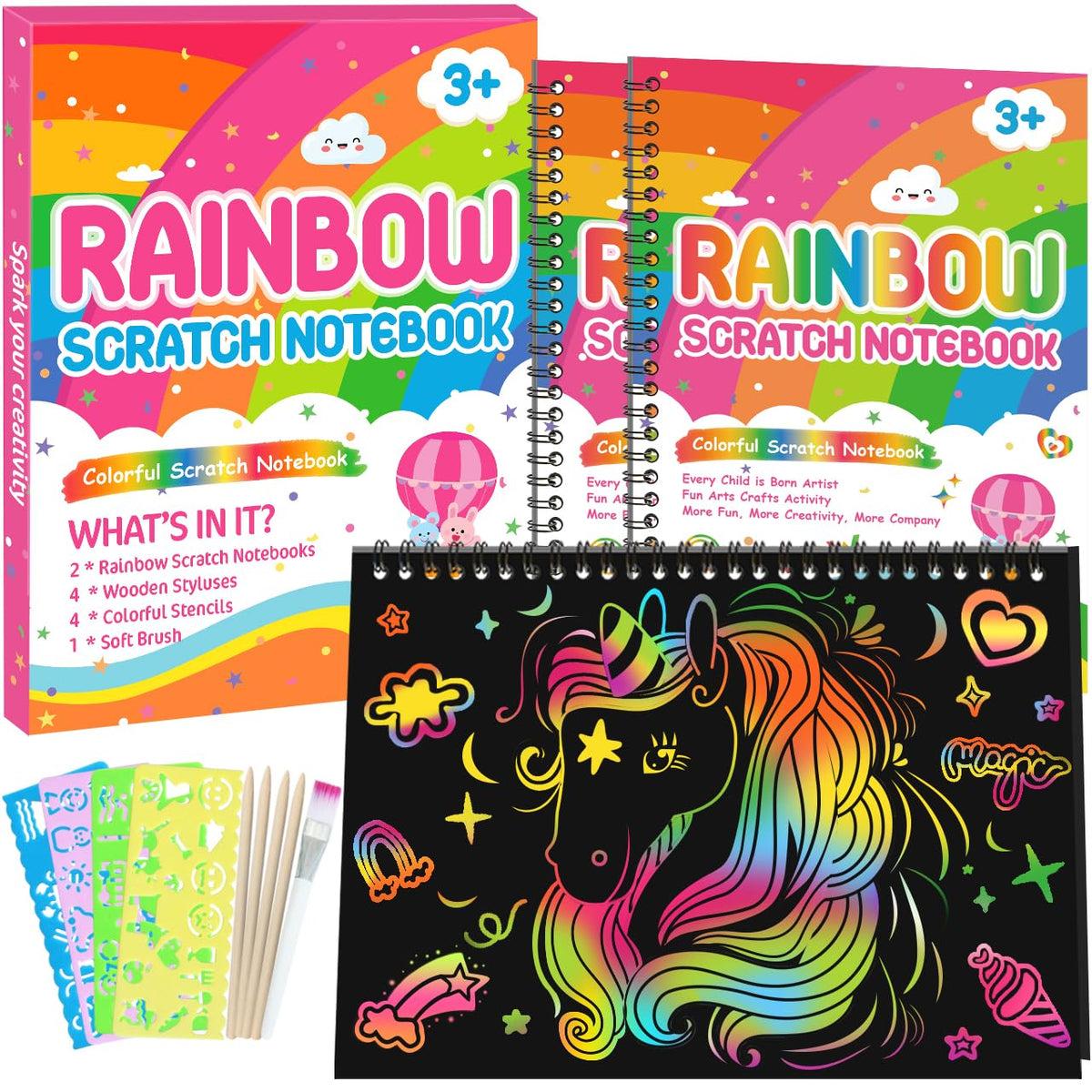 PIEKIDSFUN Scratch Arts and Crafts for Kids, 2 Pack Rainbow Scratch Notebook, Scratch Arts for Kids Ages 3-12 Girls Boys Birthday Classroom Gifts