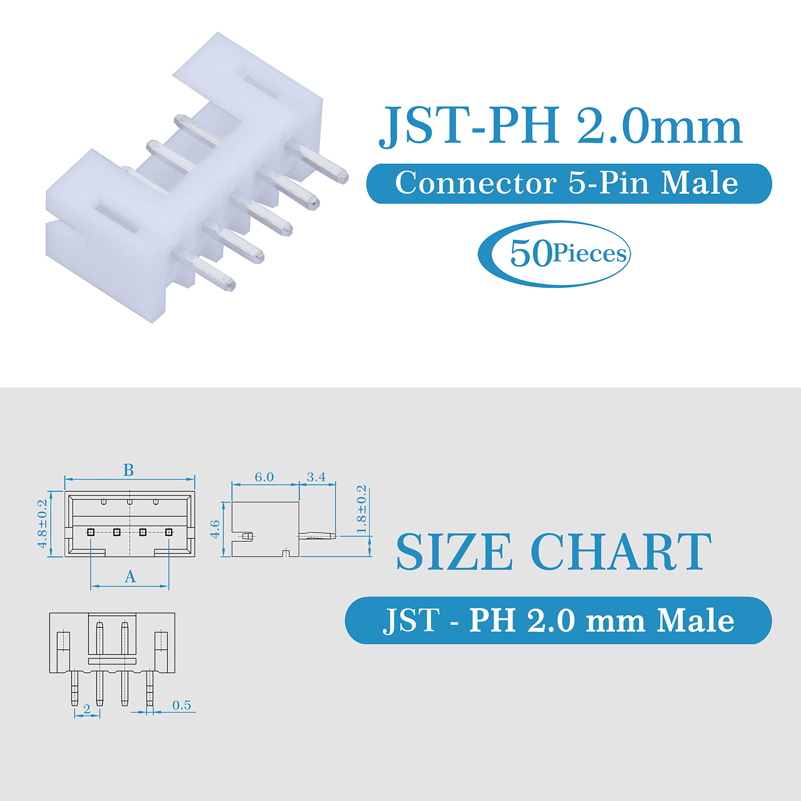 CQRobot JST PH 2.0 mm Pitch 5-Pin JST Wiring Connecting IC Male Plugs, Female Sockets Housing and T-shaped Crimp Terminal Connector Kit. 50 Sets/350 Pieces JST PH Connector Adapter Cable Assembly.