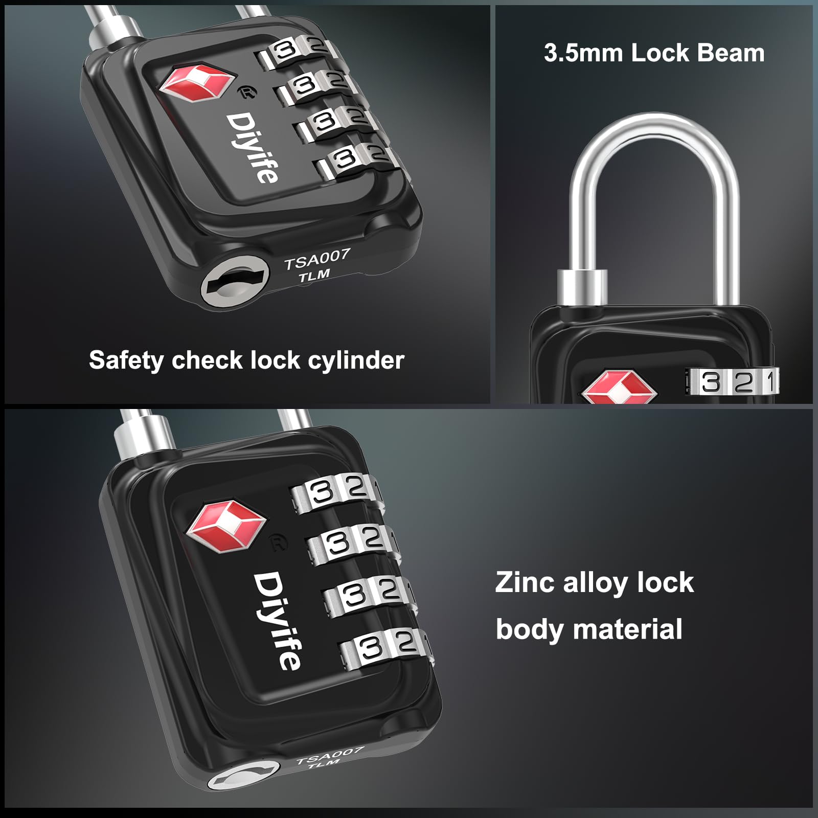 TSA Luggage Locks, [Updated Version] [2 Packs] Diyife 4-Digit Security Padlock, Resettable Zinc Alloy Combination Padlocks, Small Code Lock for Travel Suitcases Luggage Bag Case (Black)