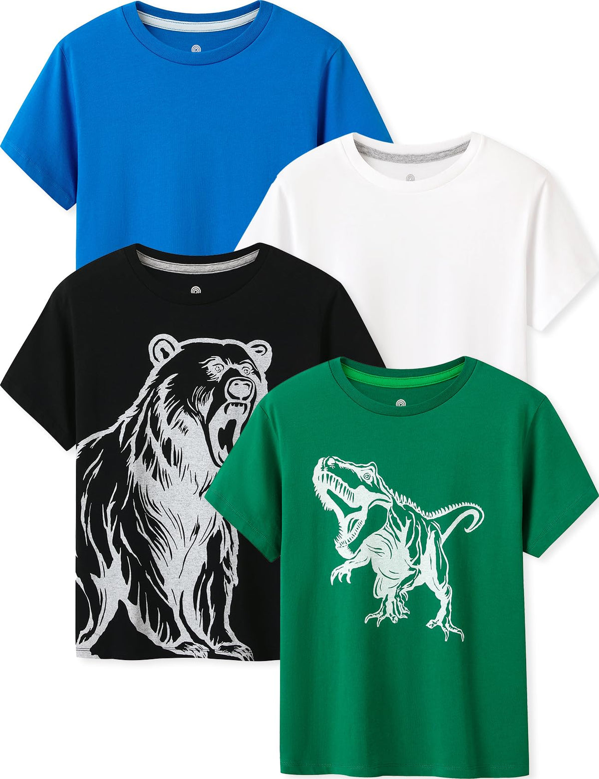 LAPASA 4 Pack 100% Cotton Kids Plain T-Shirts Hypoallergenic Tee for Boys Girls Children School Uniform K01 (White, Green Dino, Blue, Black Bear, 4-5 Years)