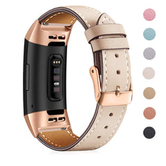 Mornex Strap Compatible Fitbit Charge 3 Strap/Charge 3 SE Leather Band, Classic Adjustable Replacement Wristband Fitness Accessories Metal Connectors,Rose Gold-Beige