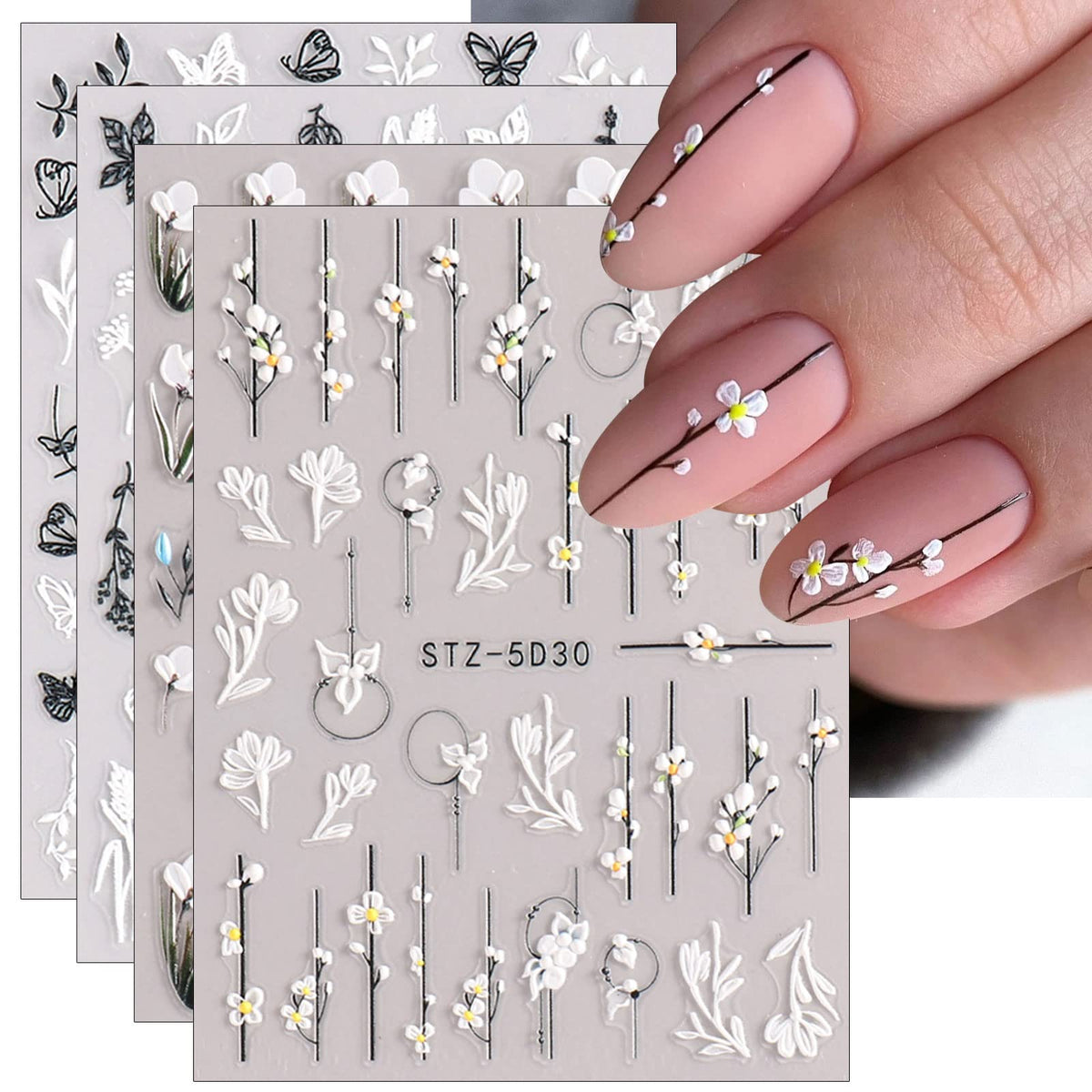 JMEOWIO 3D Embossed Flower Spring Nail Art Stickers Decals Self-Adhesive 5D Summer Colorful Floral Nail Supplies Nail Art Design Decoration Accessories 4 Sheets