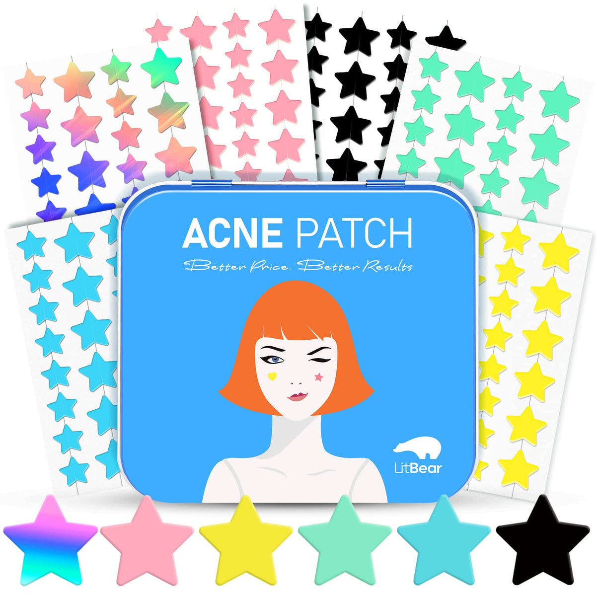 LitBear Acne Pimple Patch, 6 Colors 168 Dots Star Pimple Patches with Case, Tea Tree Oil & Centella Oil, Hydrocolloid Acne Pimple Patches for Face Cute Zit Patches Pimple Stickers Acne Dots