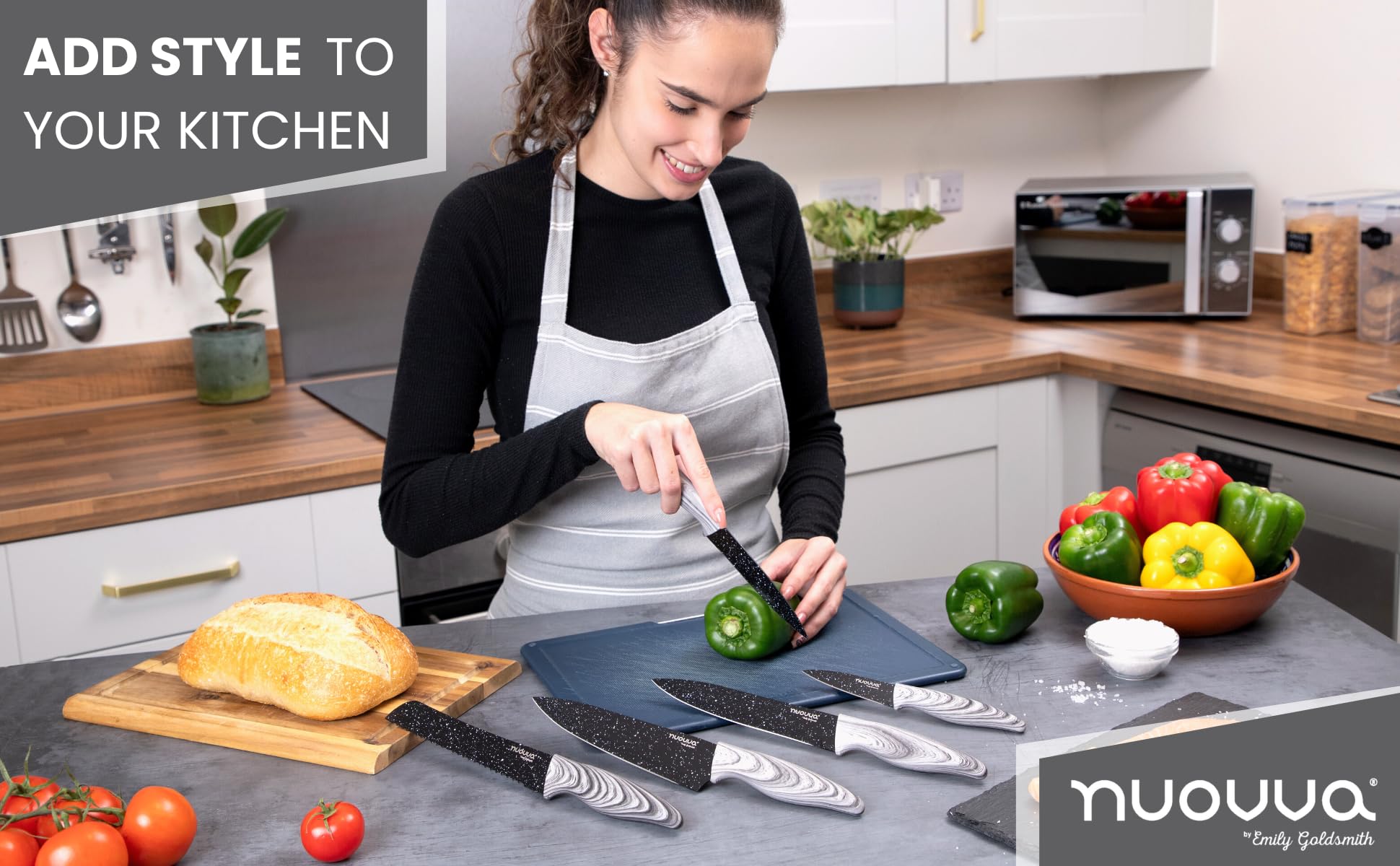 nuovva Professional Kitchen Knife Set – 5pcs Black Granite Kitchen Knives – Stainless Steel Granite Non Stick Blades – Chefs, Filleting, Bread, Paring and Utility Knives