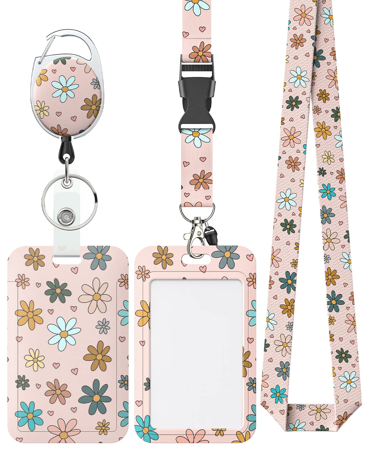 Uniclife Floral Sliding Badge Holder Pink Flower Plastic Case with Retractable Badge Reel Carabiner Clip and Detachable Lanyard Strap Hard Vertical Card Protector for Women Nurse Teacher Student