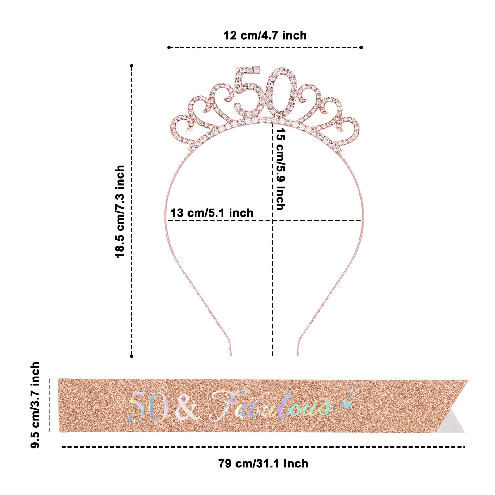 TOPWAYS 50th Birthday Sash and Tiara Set, Rose Gold 50 Glitter Crown Headband & Fabulous Sash Party Supplies 50th Birthday Gifts for Women Girls Her 50th Birthday Decorations (50 Fabulous, Rose Gold)
