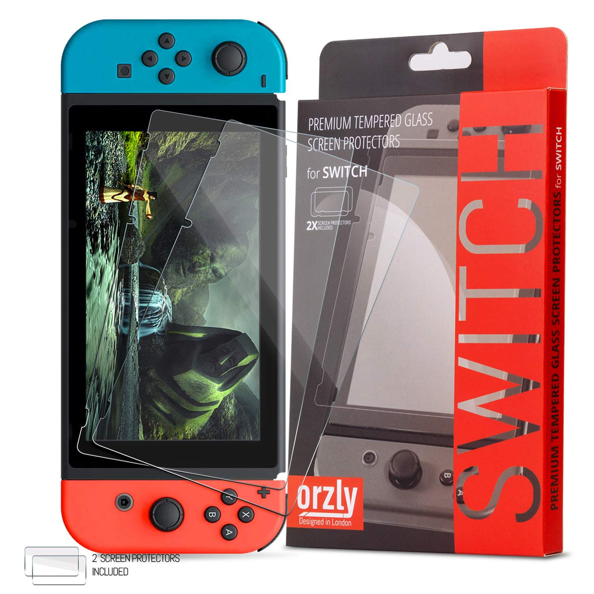 Orzly Glass Screen Protectors compatible with Nintendo Switch Premium Tempered Glass Screen Protector TWIN PACK [2x Screen Guards - 0.24mm] for 6.2 Inch Tablet Screen on Nintendo Switch Console