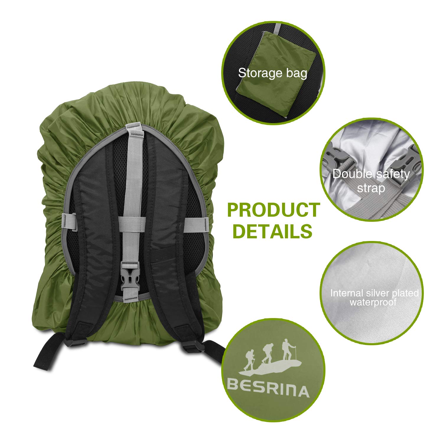 Besrina Backpack Rain Cover (15-90L),Upgraded Non-Slip Cross Buckle Strap & Reflective Waterproof Rucksack Cover for Hiking Camping Traveling Cycling