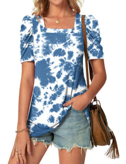 TAOHUADAO Womens Tops Casual Square Neck Puff Short Sleeve Tunic T-shirts for Women,Tie Dye Blue XL