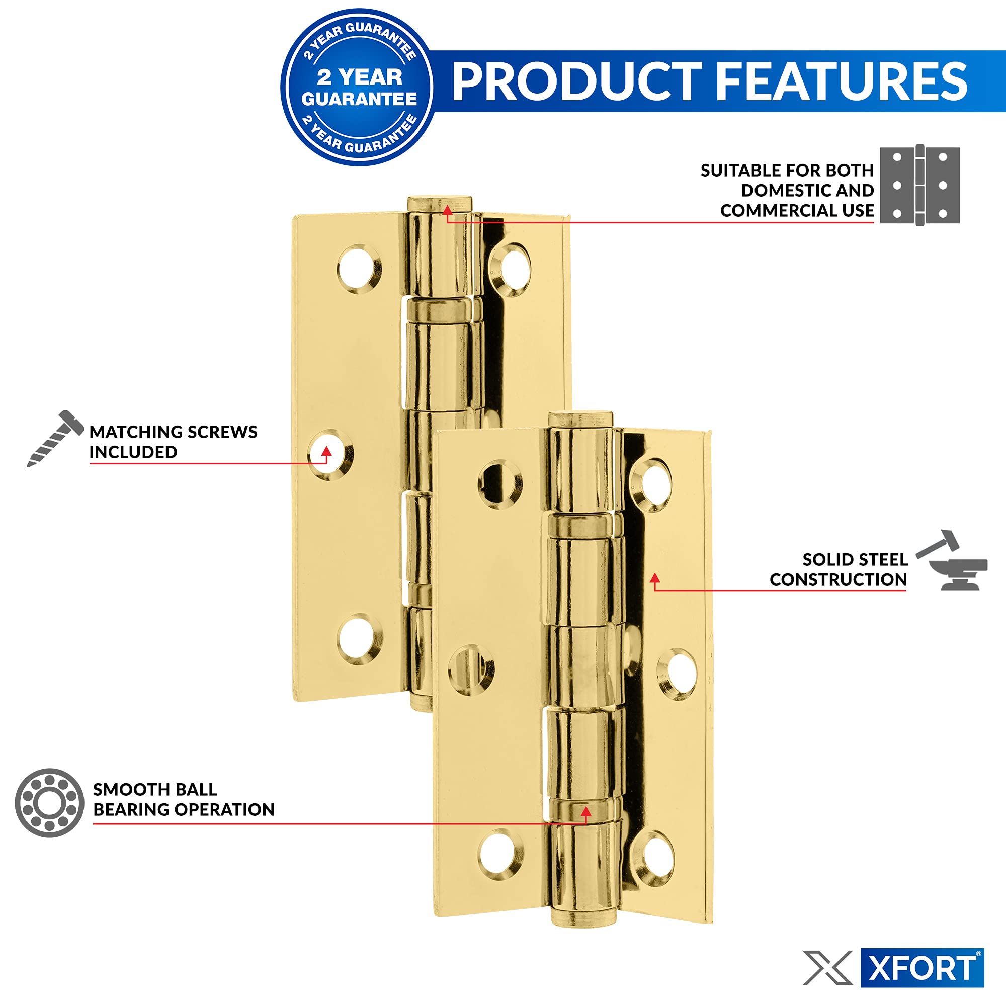 XFORT 3 Inch (75mm) Polished Brass Ball Bearing Hinges, Steel Door Hinge for Wooden Doors (2 Pairs)