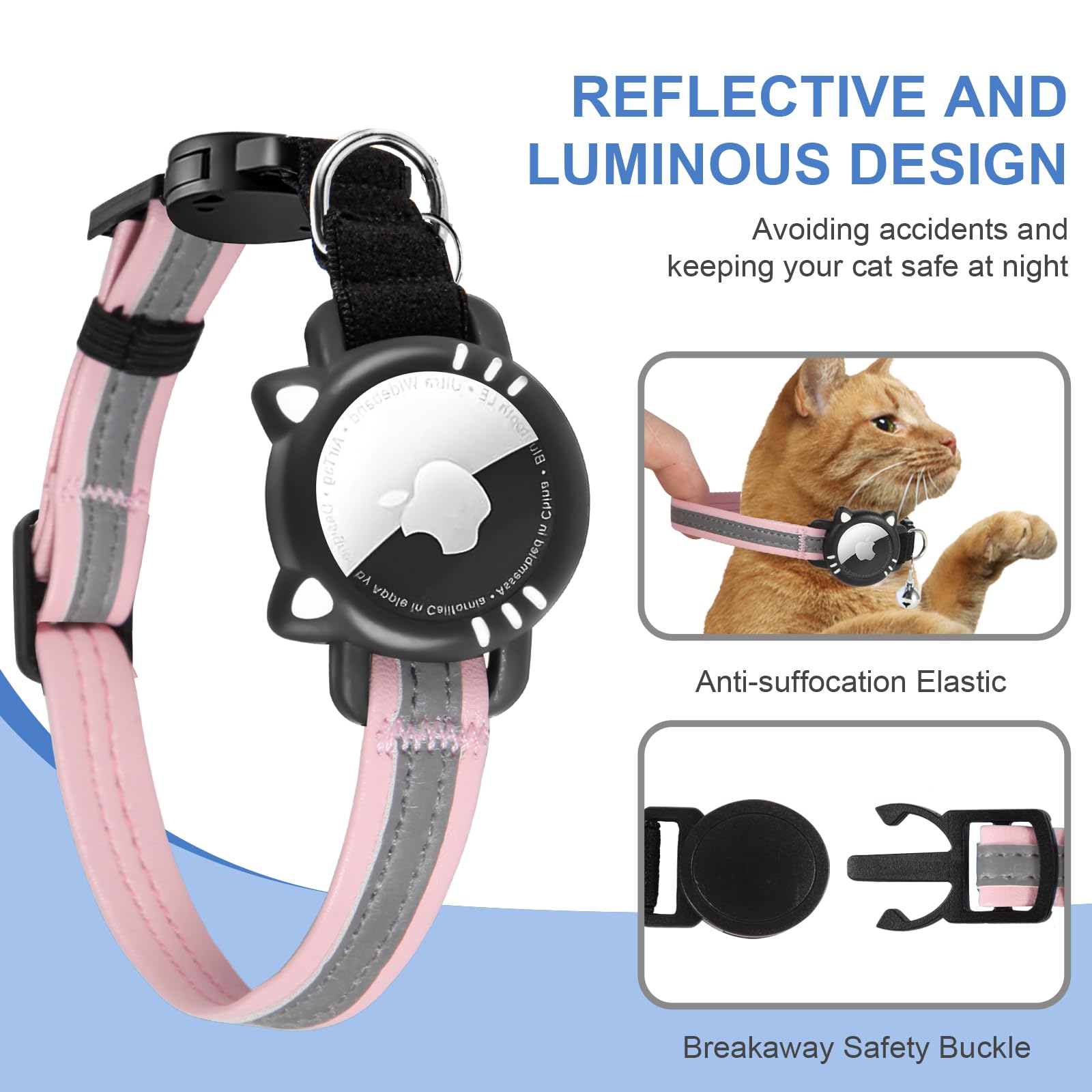 Ytanest Luminous AirTag Cat Collar,Reflective and Breakaway Cat Collar with Apple Air Tag Holder, GPS Tracker Collars with Safety Elastic Band for Cats, Kittens and Puppies, Pink, XS(7-9 Inch)