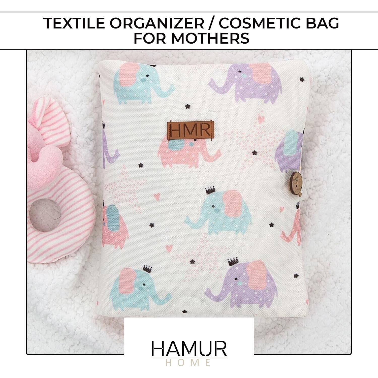 HAMUR HOME Diaper Bag Organizer And Cosmetic Bag 2in1 - Small Diaper Bag For On The Go Mom's Diapers Cream Wipes Baby Organizer (Elephant)