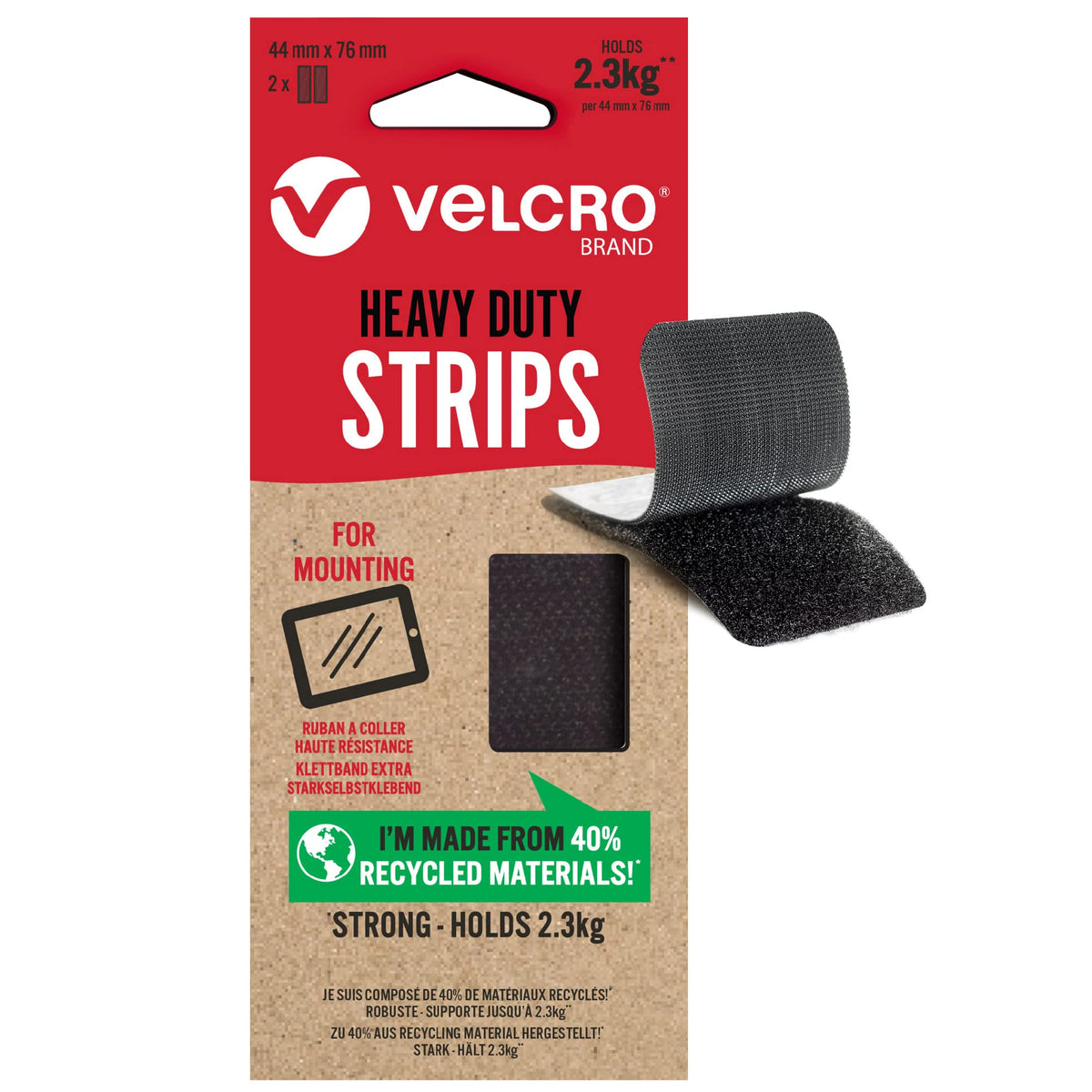 VELCRO Brand   Eco Heavy Duty Strips   Extra Strong Self Adhesive Sticky Strips Perfect for Room Décor & Home, Office, Garage Use   Black   44mm x 76mm   Set of 2