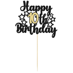 Gyufise 1Pc Happy 10th Birthday Cake Topper Black Gold Glitter Cheers to 10 Years Birthday Cake Pick 10 and Fabulous Cake Decoration for Happy 10th Birthday Anniversary Party Supplies