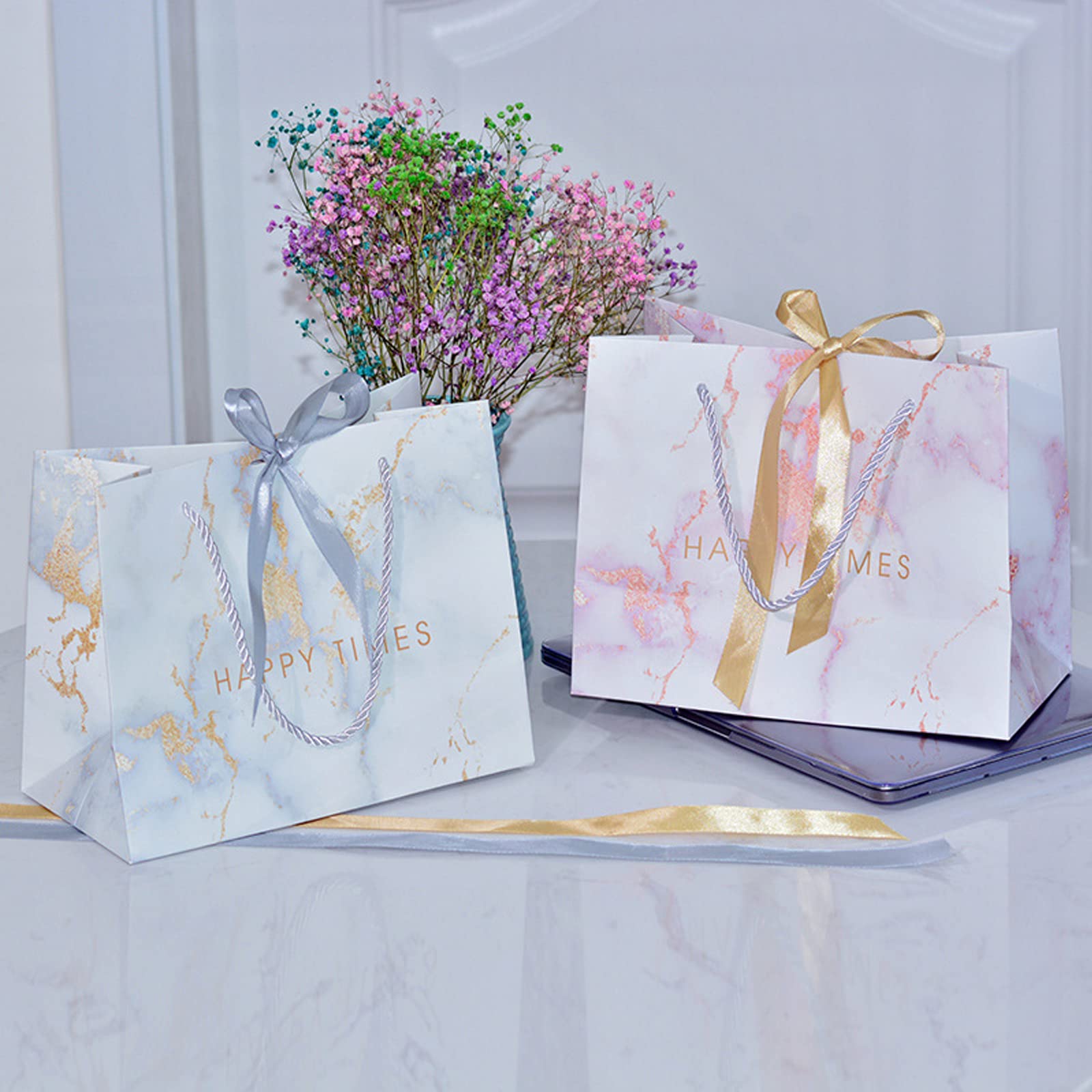 Gift Bag,3Pcs Gift Bags with Bow Ribbon, Present Bags for Gifts, Birthday gift bag for Parties, Weddings, Birthdays (Marble style)