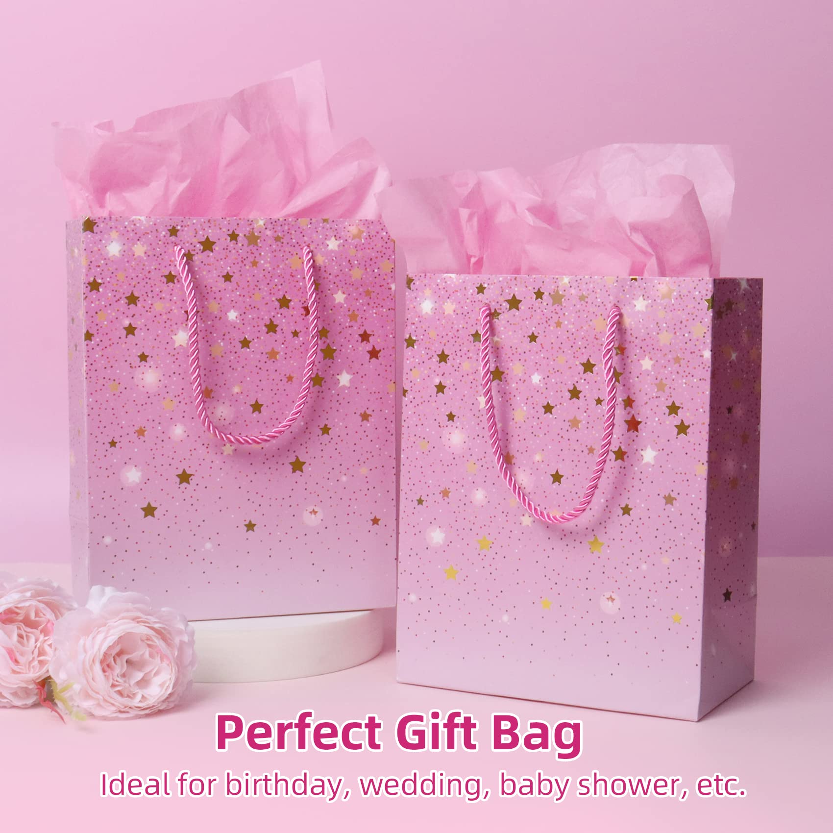2Pcs Gift Bags with Tissue Paper, 9× 7× 4 Inches Small Medium Size Gift Bags for Present, Birthday Gift Bags Paper Gift Bags for Birthday, Baby Shower, Wedding Gift(Purple)