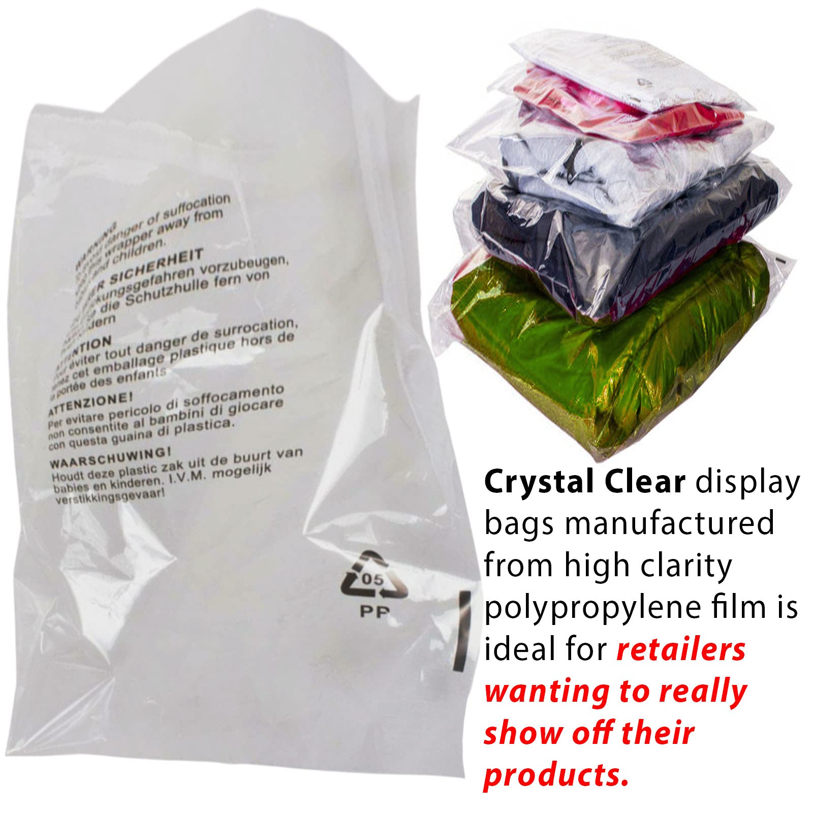 100 x Self Seal Clear Cellophane Plastic Bags (Size - 12 x 15 inches) Transparent Packaging Poly Bags with Suffocation Warning in 5 Languages - Display Garment Bags