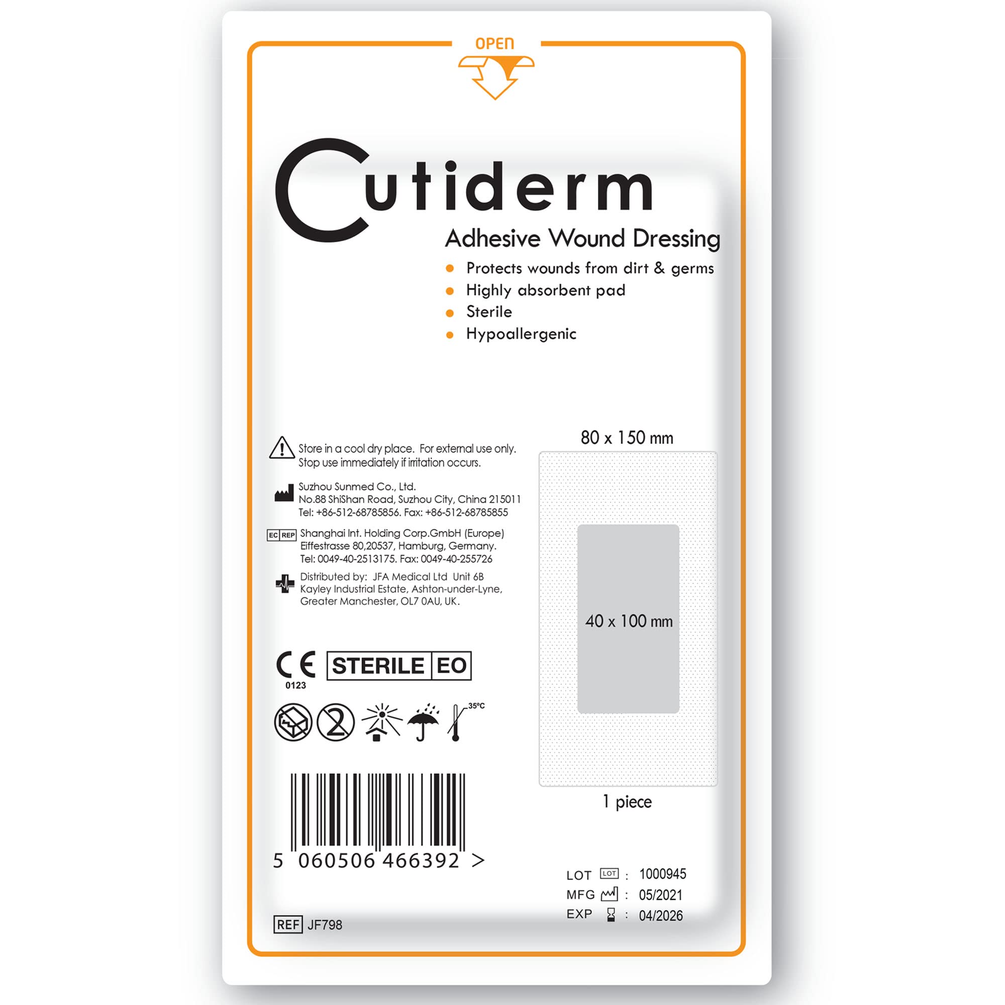 Pack of 10 Cutiderm Adhesive Sterile Wound Dressings - Suitable for cuts and grazes, Diabetic Leg ulcers, venous Leg ulcers, Small Pressure sores (80mm x 150mm)