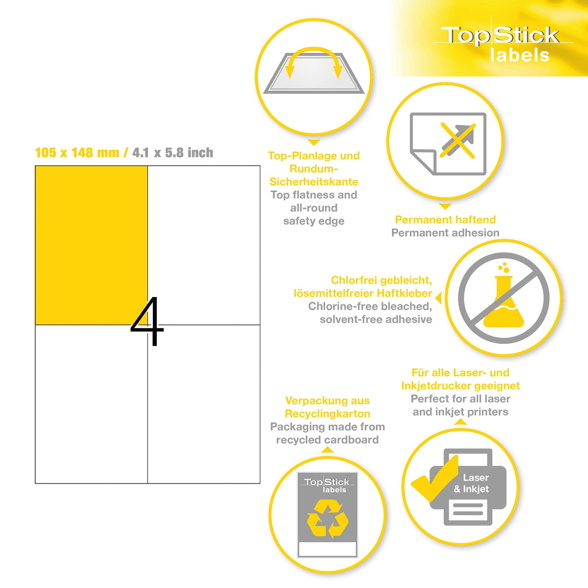 TopStick 8717 Parcel Shipping Paper Labels, 4 Labels Per A4 Sheet, 105 x 148 mm, 400 Labels, Self Adhesive, Stickers for Laser and Inkjet Printers, White