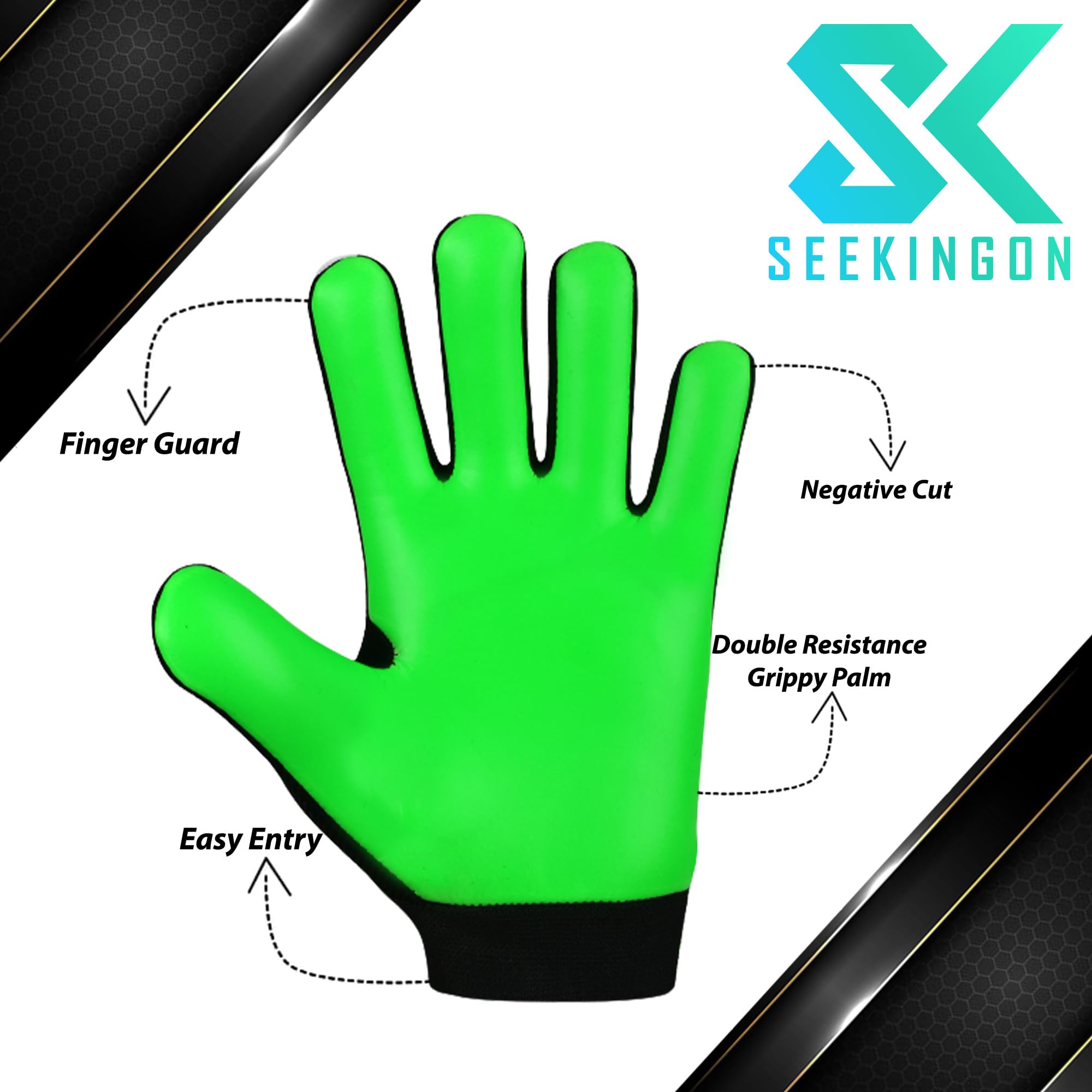 Seekingon Goalkeeper Gloves Kids, Children, Football Training Gloves with Premium Grip, Weather-resistant, Breathable, Latex Goalie Gloves Sizes 4/5/6/7 (Black/Green, 7 S-M Adult)