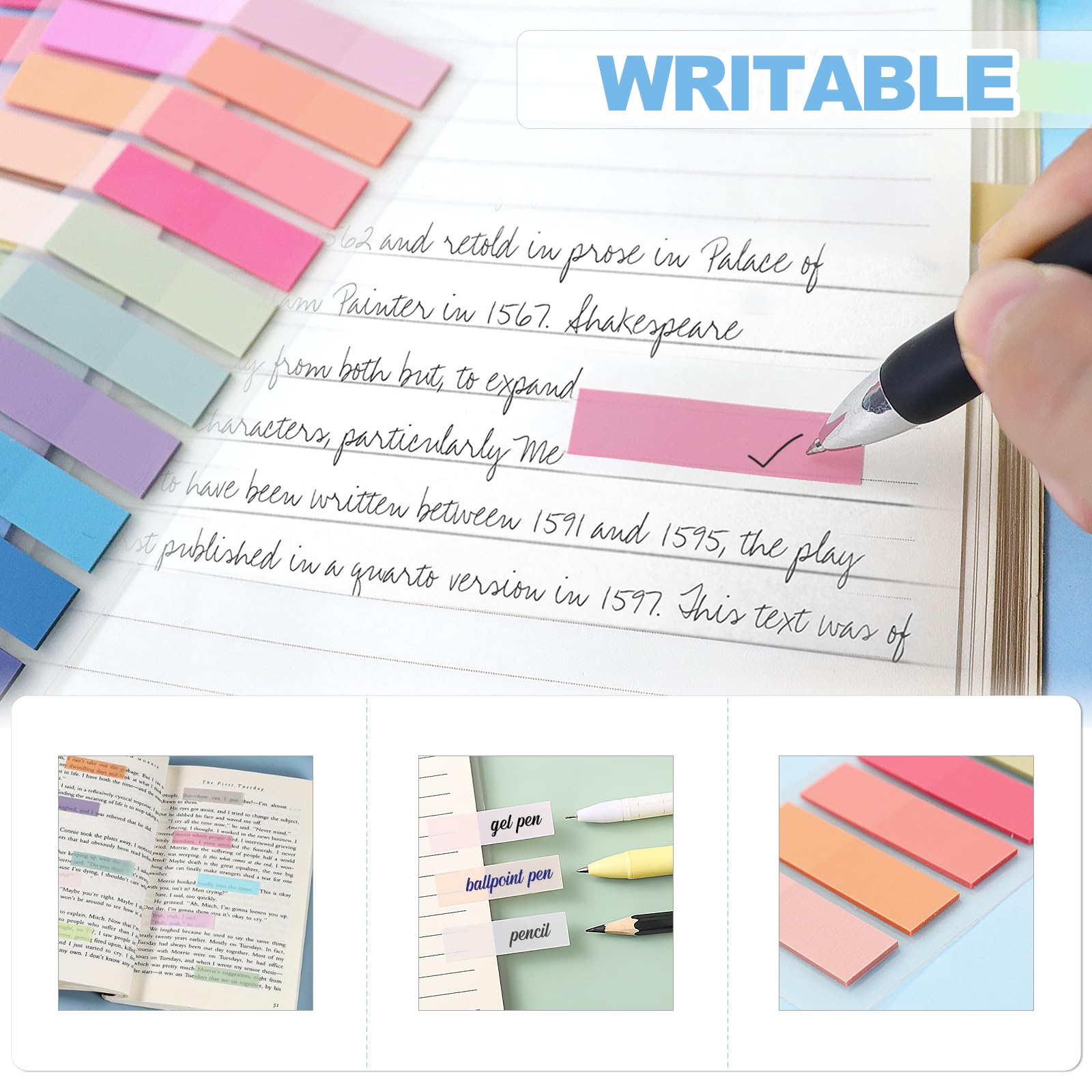 Qufiiry 2000Pcs Sticky Tabs, Book Tabs, Writable Index Tabs, Coloured Annotation Tabs for Reading Notes, Books, Classify Files, Office Supplies