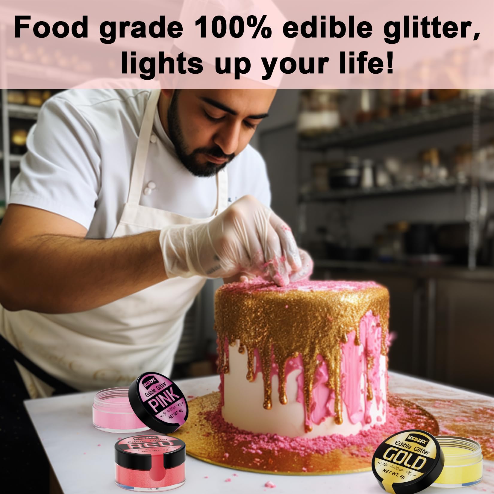 Edible Glitter - 3 Colours 100% Edible Glitter for Cakes, Gold, Pink, Red, Edible Glitter for Drinks, Cake Decorations, Chocolates, Muffins, Cocktail, Cream, etc (4g Each)