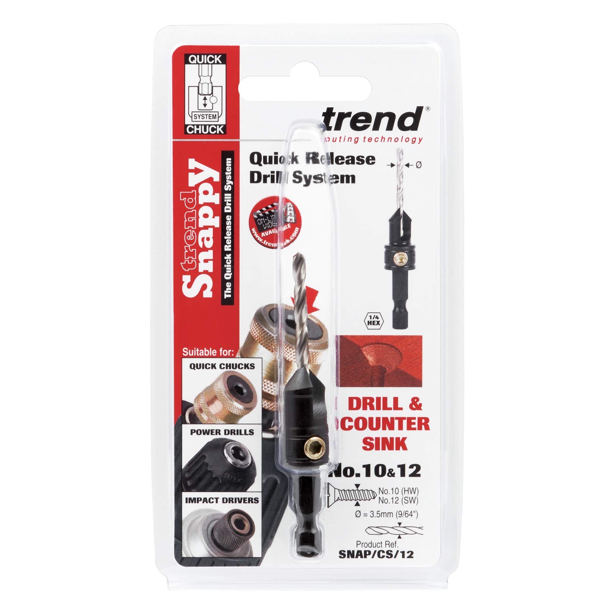 Trend Snappy 12.7mm Tool Steel Countersink with Adjustable 3.5mm Drill, Perfect for Hard & Softwoods, SNAP/CS/12, 9/64in