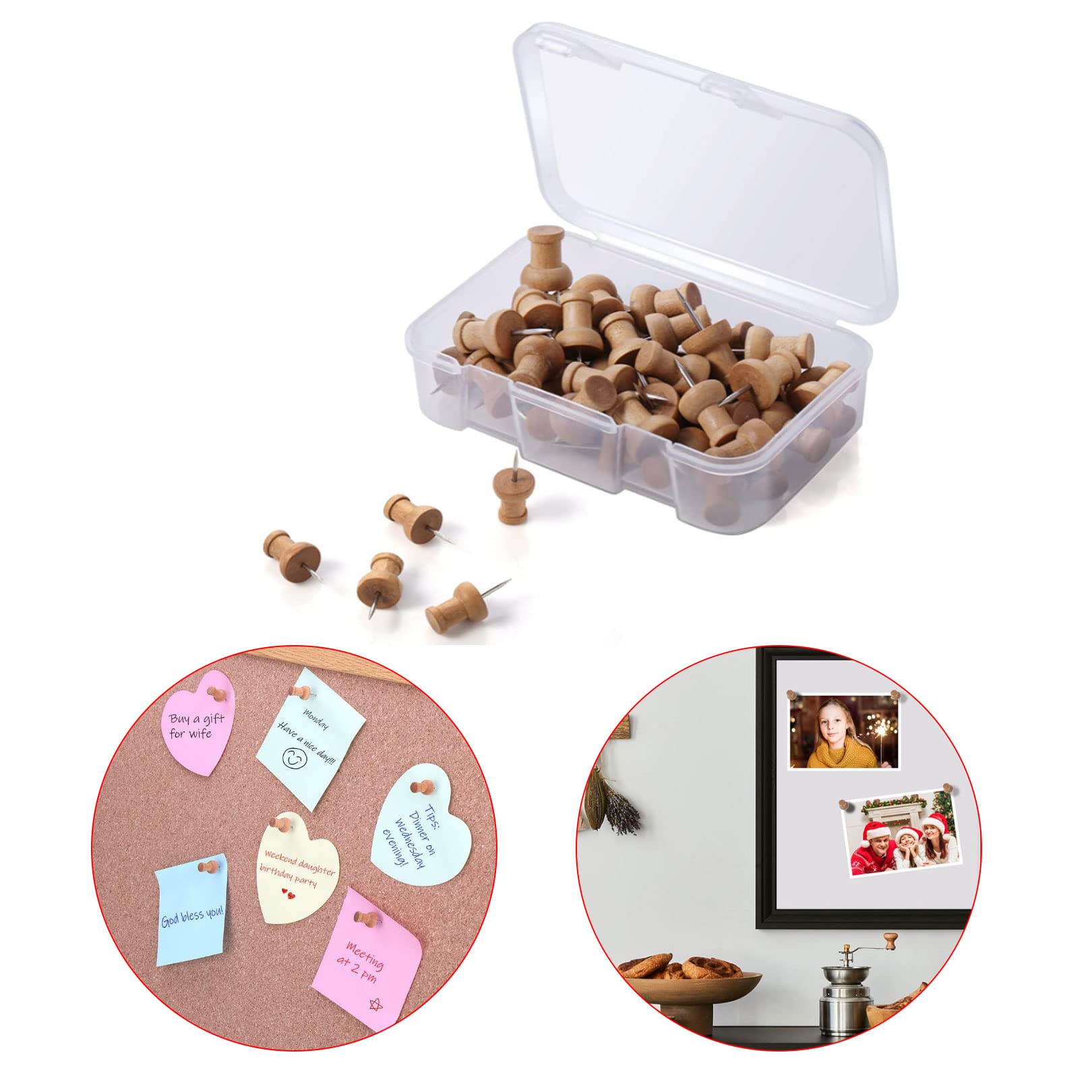 50pcs Wood Push Pins Map Tacks Marking Pins,Bulletin Board Pins Rustproof Drawing Pins Thumb Tacks Pin,Wooden Drawing Pins with Storage Box Thumb Tacks Wooden Map Pins for School Office Home Supplies