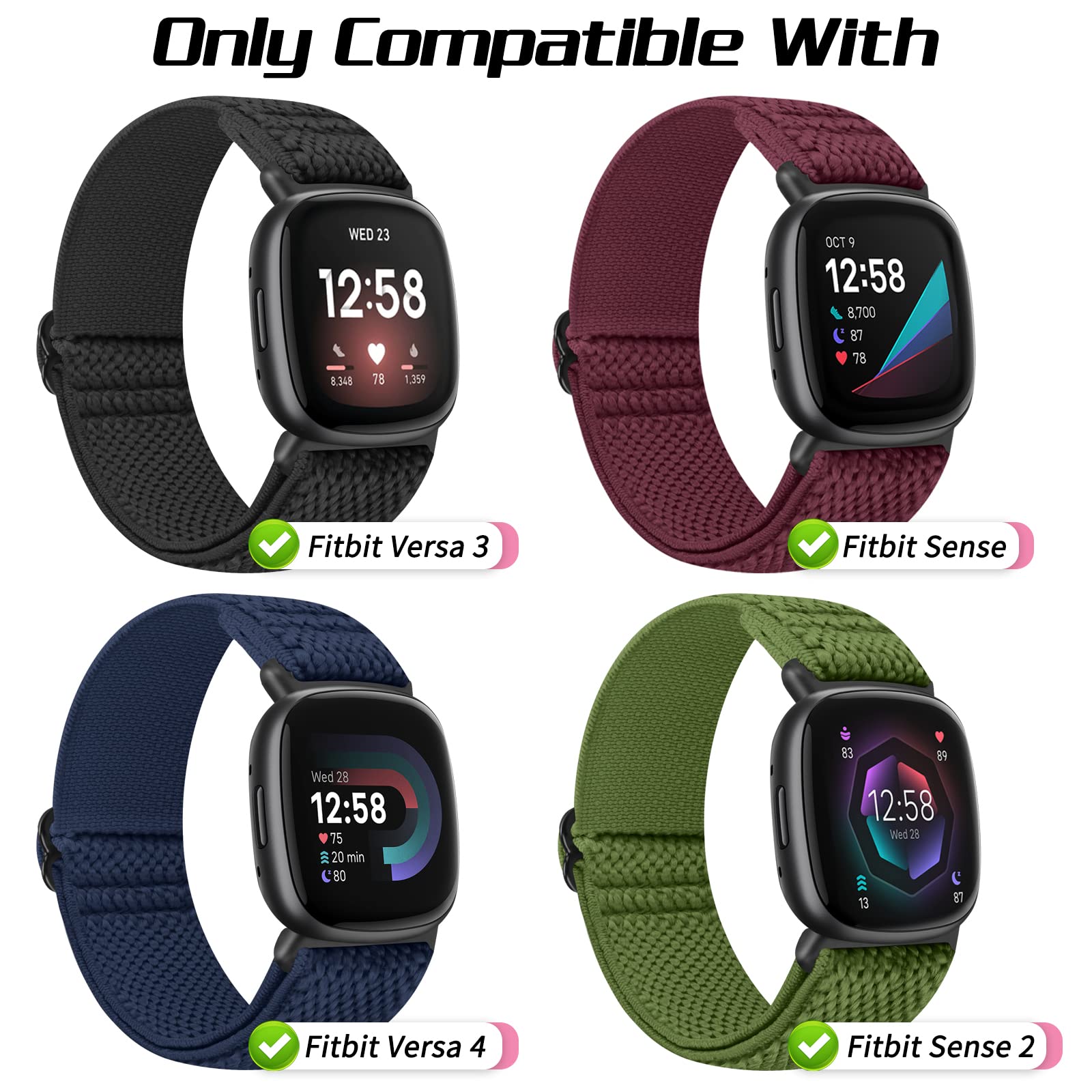 Tiptops 5 Pack Straps Compatible for Fitbit Versa 4/Fitbit Sense 2 Straps/Fitbit Versa 3/Fitbit Sense Bands Men Women, Adjustable Comfortable Loop Nylon Sports Replacement Stretchy Bands