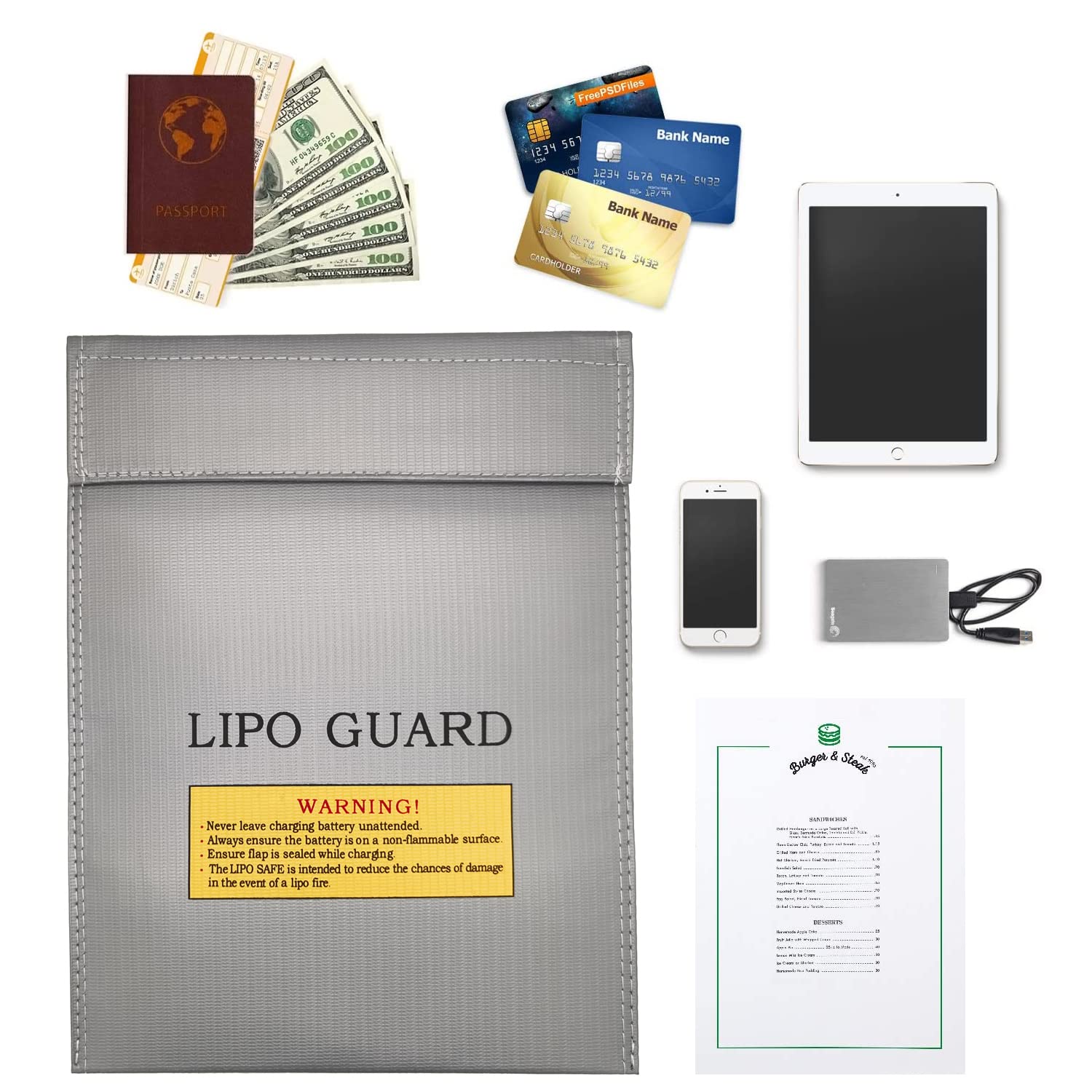 LiPo Guard, Fiber Li-Po Battery Safety Bag Fireproof Document Bag Resistant Explosion Guard for RC Batteries Protect Your Valuables Documents Money Jewelry 23 * 30cm Grey