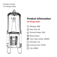 BOAITE 10 Pack G9 28W Clear Capsule Dimmable Halogen Light Bulbs,230V 28W 370lm 2800K Warm White for Chandeliers,Pendants,Cabinet Lights,Landscape Lights