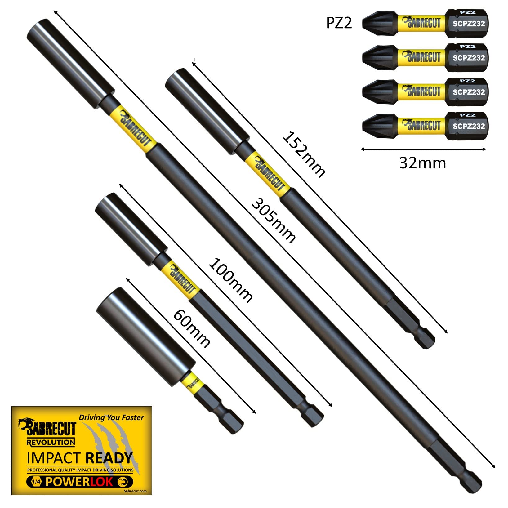 8 Piece SabreCut SCRK10 Magnetic 60mm 100mm, 152mm and 305mm Professional Impact Bit Holders with 4 x 32mm PZ2 Screwdriver Impact Bits Compatible with Dewalt, Milwaukee, Makita, Bosch and Others