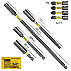 8 Piece SabreCut SCRK10 Magnetic 60mm 100mm, 152mm and 305mm Professional Impact Bit Holders with 4 x 32mm PZ2 Screwdriver Impact Bits Compatible with Dewalt, Milwaukee, Makita, Bosch and Others