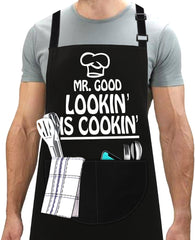 LINEN CLOSET® Adjustable Bbq Aprons for Men Funny Chef Aprons Christmas Grilling Gifts for Dad Son Father Husband with 2 Pockets-Mr Good Looking is Cooking Apron