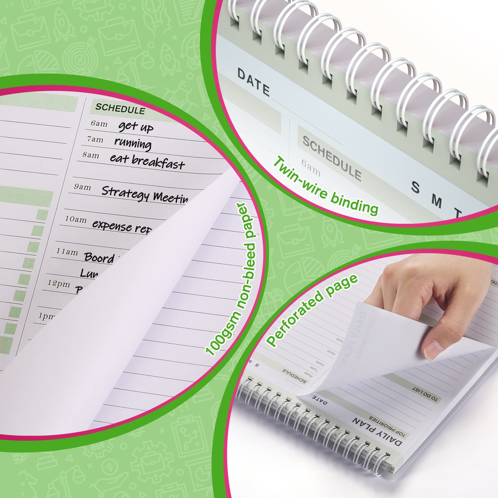 Daily Planner, to Do List Notepad Tear Off, Undated Planner,Spiral Hourly Planner to Do List Notebook, Time Box Planner with PVC Hard Cover, 17.8 x 24.5 cm，80 Sheet (Green)