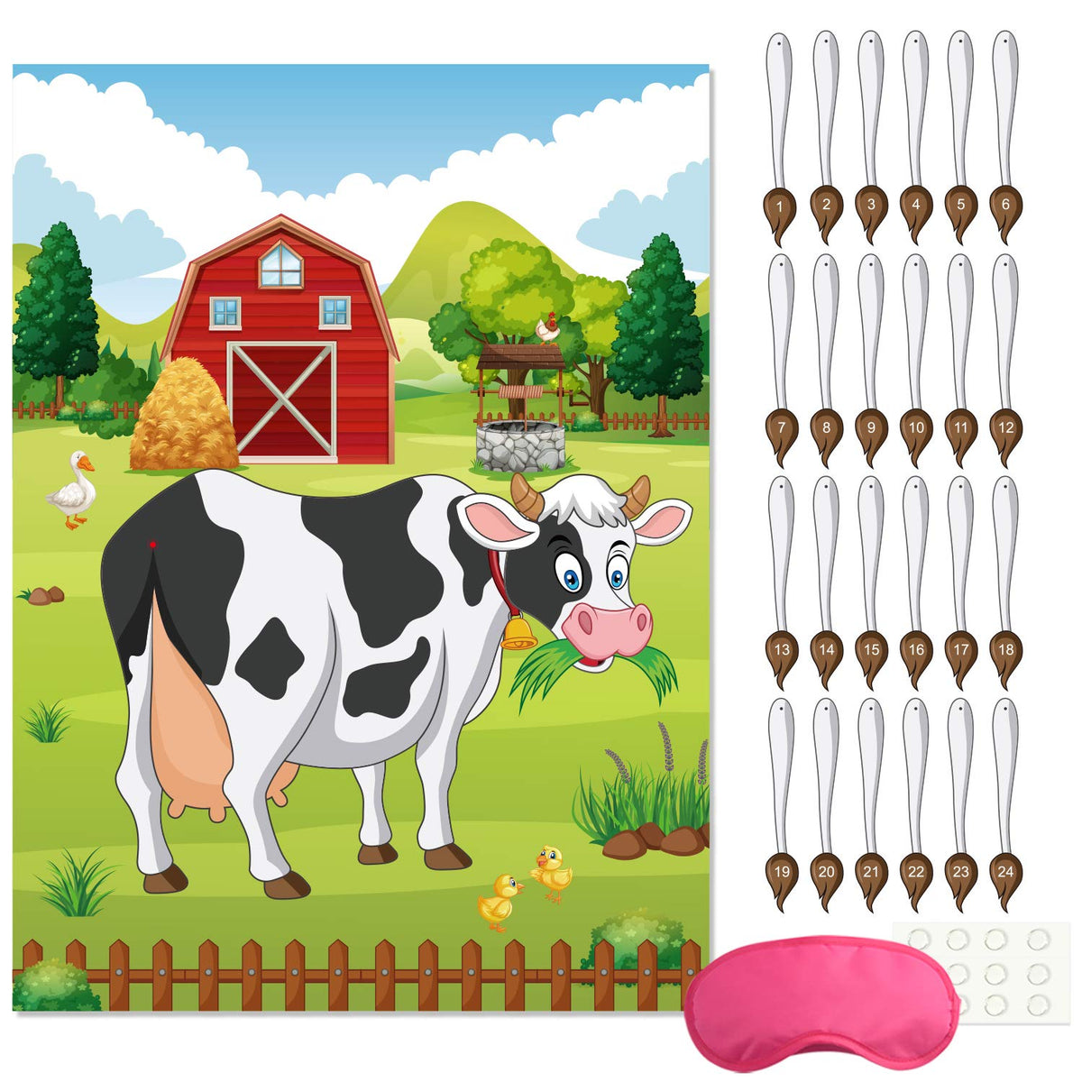 FEPITO Pin the Tail on the Cow Birthday Game with 24 Pcs Tails for Decorations, Kids Birthday Party Decorations