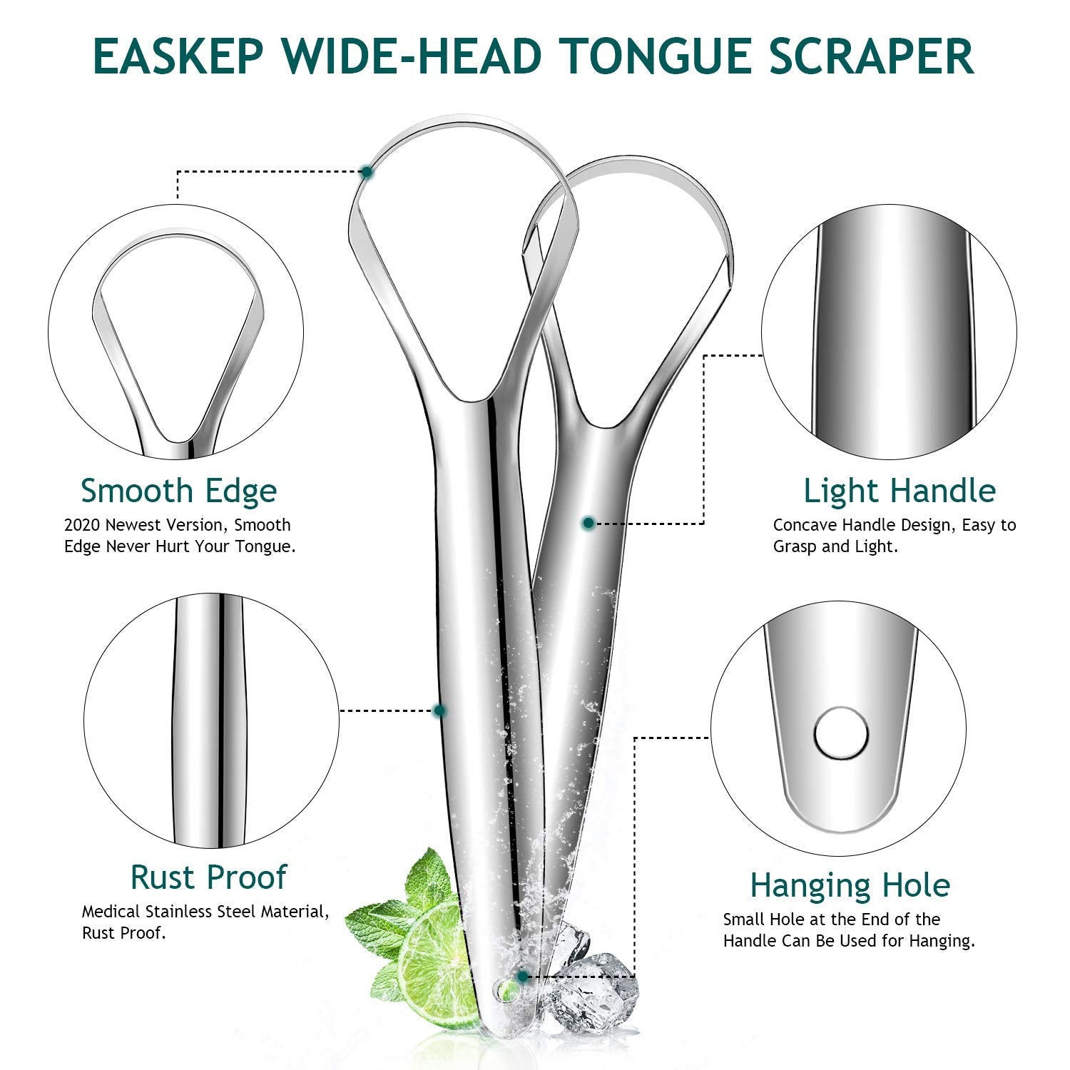 Tongue Scraper (2 Pack), Wide-head Tongue Cleaner with Nice Carrying Box, Easkep 100% Stainless Steel Tongue Scrapers Cleaners, for Men, Women, Adults, Kids, silver