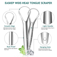 Tongue Scraper (2 Pack), Wide-head Tongue Cleaner with Nice Carrying Box, Easkep 100% Stainless Steel Tongue Scrapers Cleaners, for Men, Women, Adults, Kids, silver