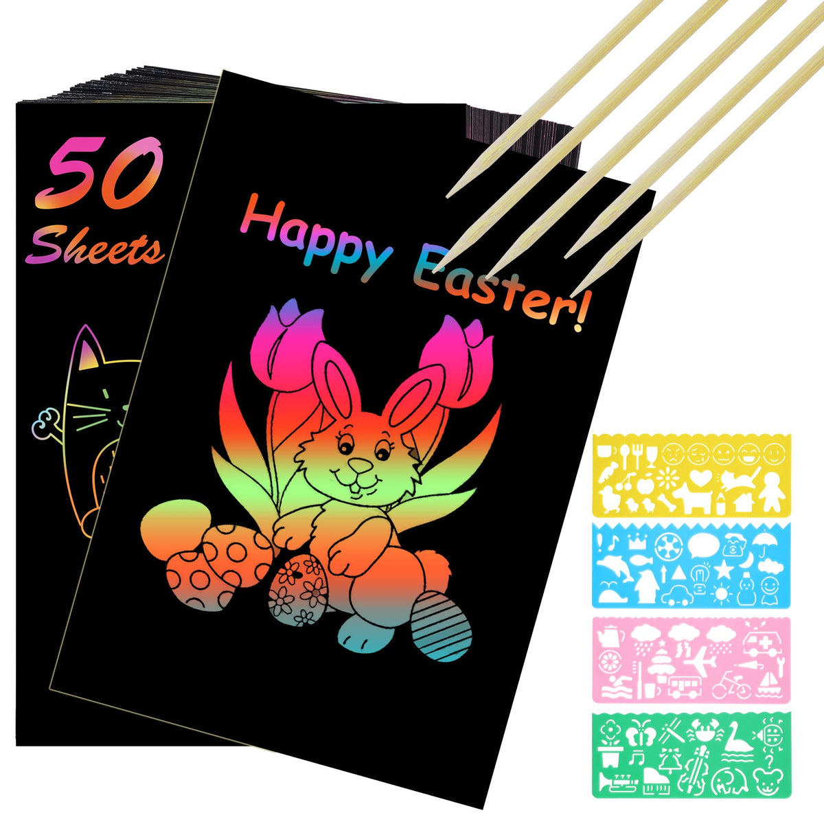 Vicloon Rainbow Scratch Art, 50Pcs Black Magic Scratch Art Notes Painting Boards Arts and Crafts for Kids with 4 Stencils 5 Wooden Stylus Birthday Gifts DIY Party Gift(13 * 19CM)