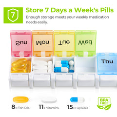 AUVON Weekly Travel Pill Box Organiser, BPA Free 7 Day 1 Times a Day with Unique Spring Assisted Open Design and Large Tablet Box to Hold Vitamins, Cod Liver Oil, Supplements and Medication