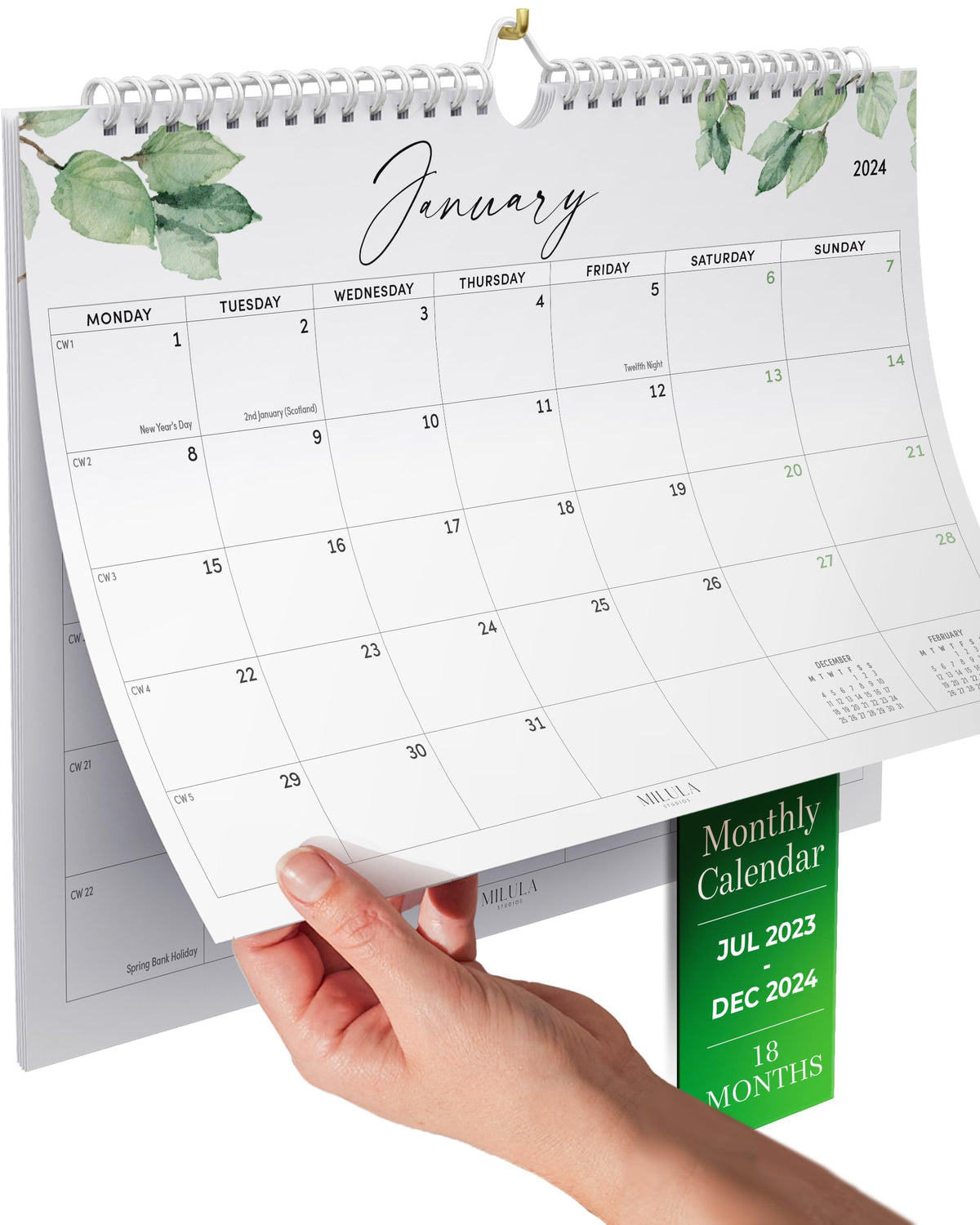 Wall Calendar 2023-2024 Calendar Month to View - Greenery - Family Calendar 2023-2024 Wall Calendar for Easy & Efficient Planning - Calendar 2024 UK Family Planner from Milula Studios