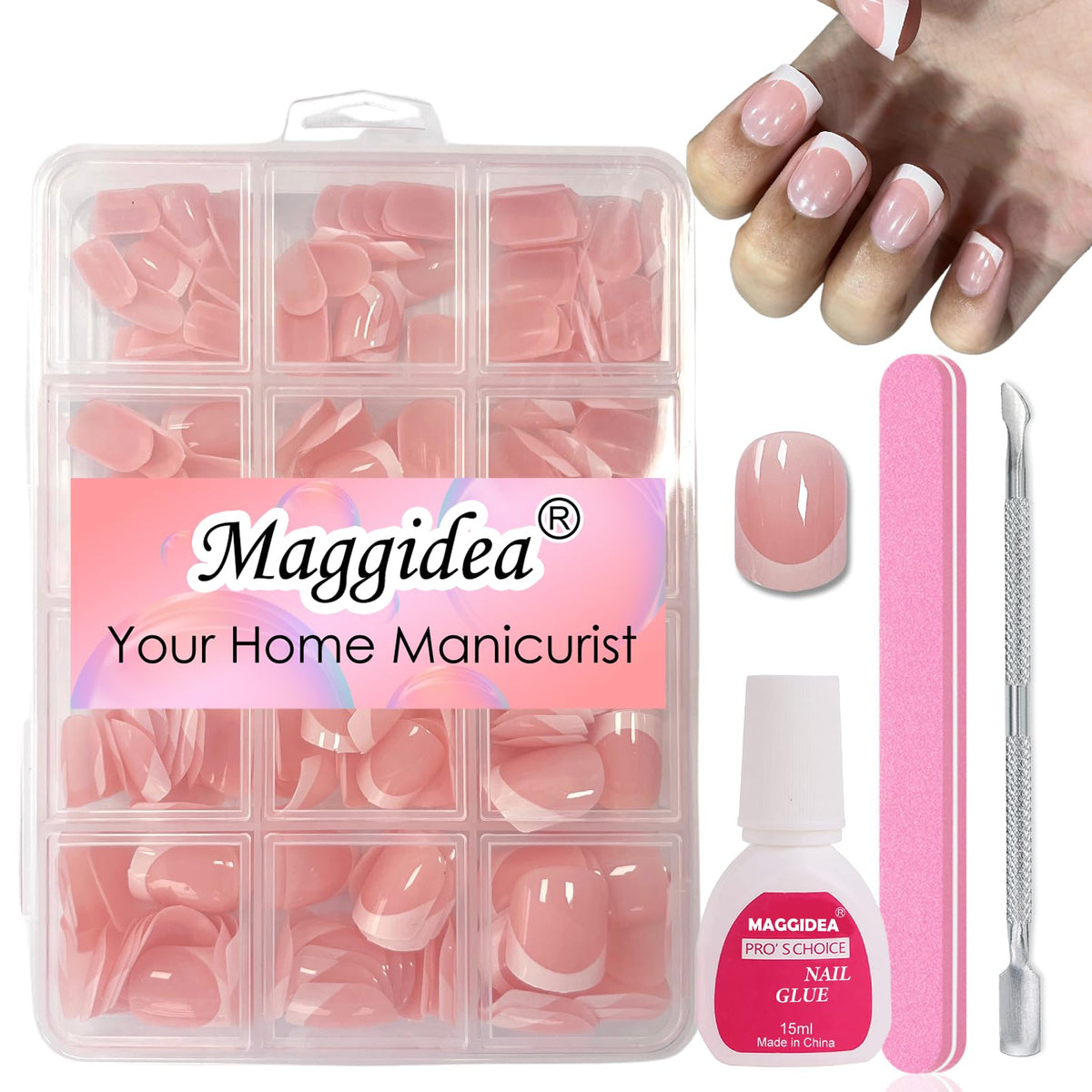 Maggidea Press on Nails,Jelly Pink Short Square False Nail Glossy 240 Pcs Fake Nails French Tip Glue on Nails Nail Art Manicure (Square Round- Extra Short)