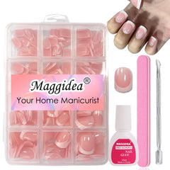 Maggidea Press on Nails,Jelly Pink Short Square False Nail Glossy 240 Pcs Fake Nails French Tip Glue on Nails Nail Art Manicure (Square Round- Extra Short)