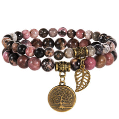 Farfume Chakra Bracelets for Women - Crystals Bracelet Women Natural Gemstones Yoga Reiki Bangle- A Set of Double Bracelets （Rhodonite Beads）