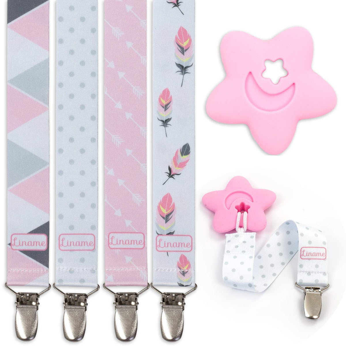 Liname Dummy Clip for Girls Boys with Bonus Teething Toy - 4 Pack Gift Packaging - Premium Quality & Unique Design - Dummy Clips Fit All Dummies & Soothers - Perfect Baby Gift (Pink, Metal Clip)