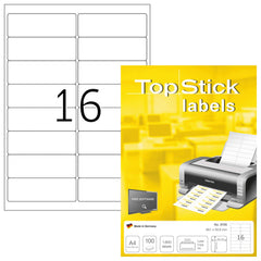 TopStick 8756 Self Adhesive Address Labels, 16 Labels per A4 Sheet, 100 Sheets, 99.1 x 33.9 mm, 1600 Labels, Blank Mailing Labels Stickers, Sticky Labels for Laser & Inkjet Printer, White